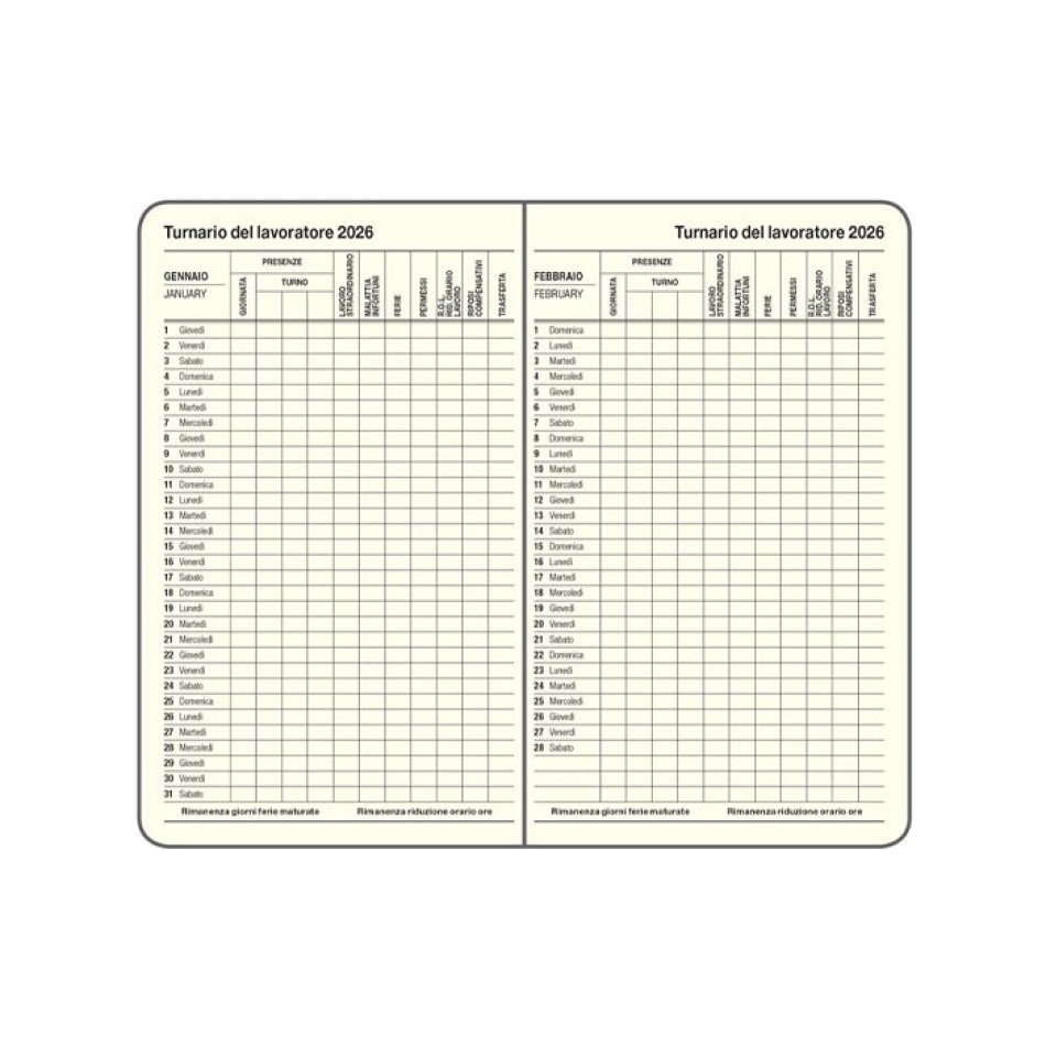 Agenda Giornaliera 9x15  - Gadget.it - Agenda Giornaliera con Elastico, Tasca e Turnario sab. e dom. abbinati 9x15 cm