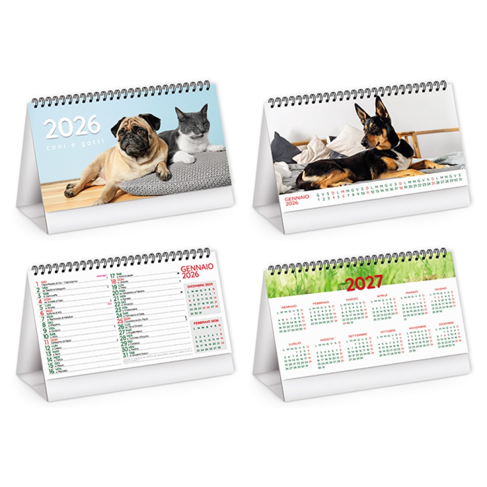 Calendario Cani e Gatti 19x14,5 - Gadget.it - Calendario Spiralato Illustrato da Tavolo Mensile Cani e Gatti 19x14,5 cm 