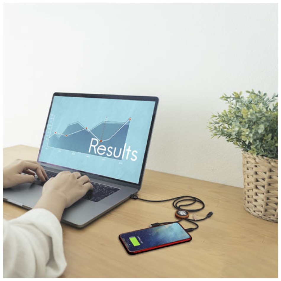 Cavo di ricarica 3 in 1 in PET riciclato con logo luminoso e custodia rotonda in bambù SCX.design C36 - Gadget.it - 