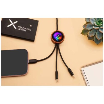 Cavo di ricarica 5 in 1 in rPET riciclato con logo luminoso e custodia rotonda in legno SCX.design C37 - Gadget.it - 