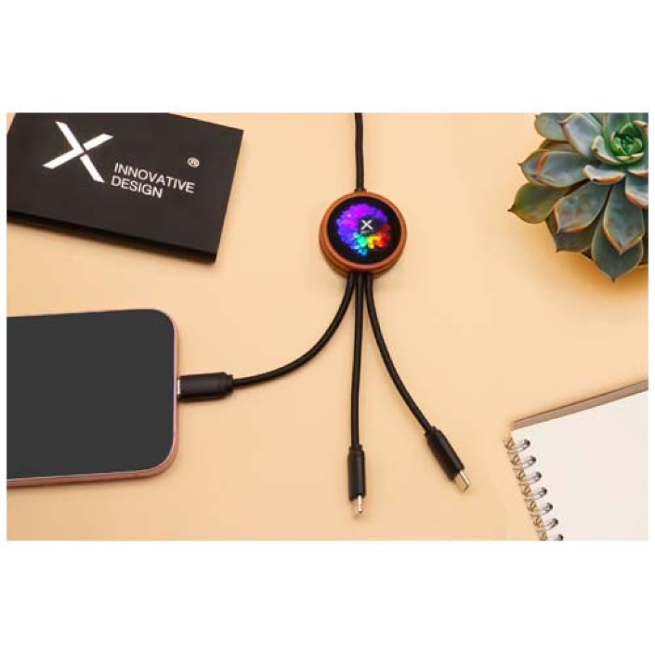 Cavo di ricarica 5 in 1 in rPET riciclato con logo luminoso e custodia rotonda in legno SCX.design C37 - Gadget.it - 