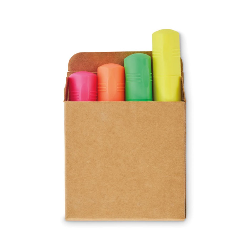 Set 4 evidenziatori in scatola Kraft gadget ufficio scuola - High4 - Gadget.it - 