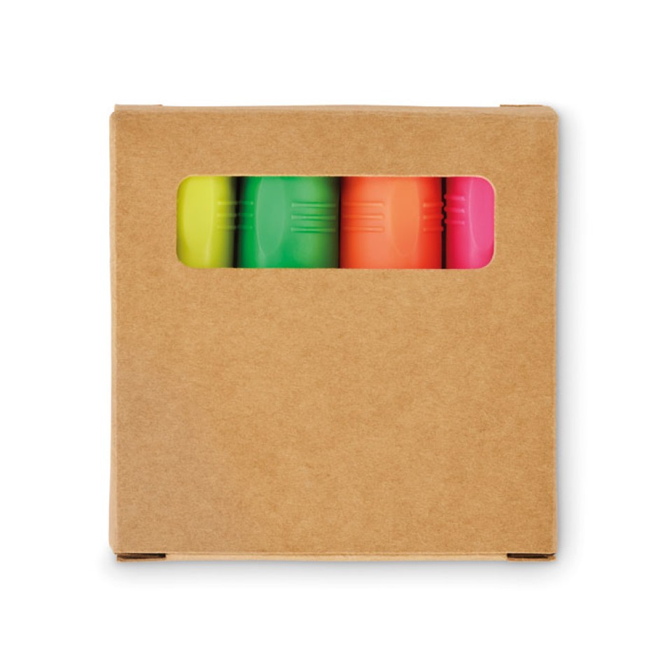 Set 4 evidenziatori in scatola Kraft gadget ufficio scuola - High4 - Gadget.it - 