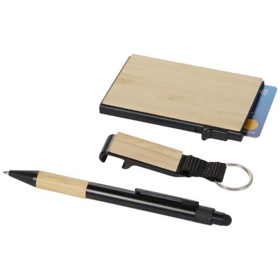 Set regalo con penna a sfera, portachiavi e portacarte RFID in alluminio riciclato certificato RCS Minka - Gadget.it - 